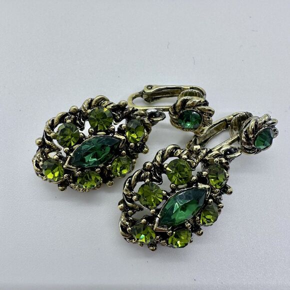 Weiss Maltese Cross Vintage Brooch Clip On Earrings Set Green Gold Toned Signed - Picture 5 of 12